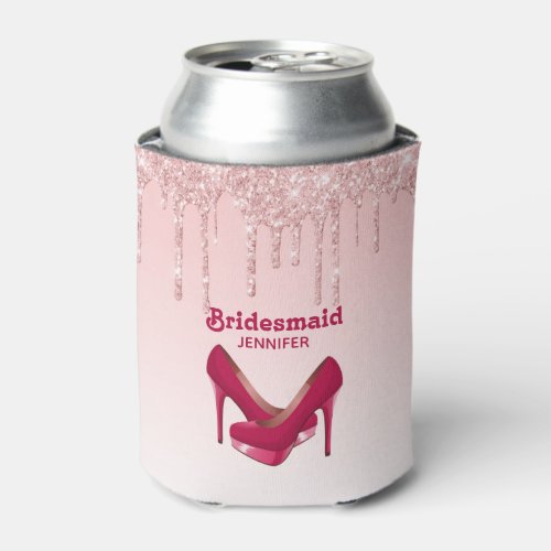 Modern Pink Glitter Drips  High Heels Bridesmaid Can Cooler