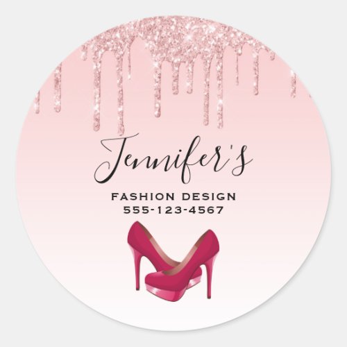 Modern Pink Glitter Drips  High Heels Business Classic Round Sticker