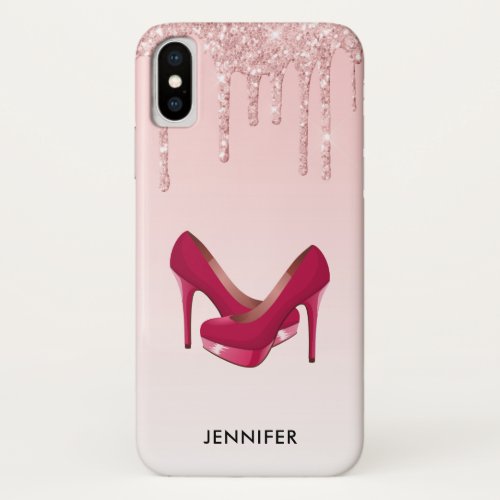 Modern Pink Glitter Drips  High Heels iPhone X Case