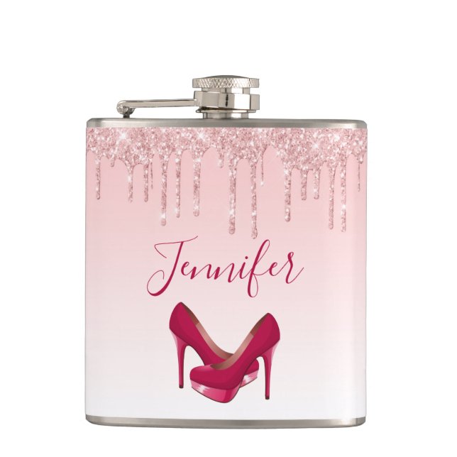 Modern Pink Glitter Drips & High Heels Flask (Front)