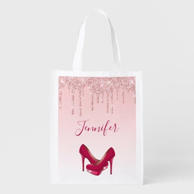 Modern Pink Glitter Drips & High Heels Grocery Bag (Front)