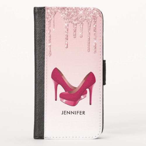 Modern Pink Glitter Drips  High Heels iPhone X Wallet Case