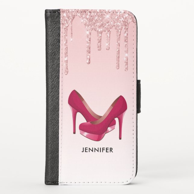 Modern Pink Glitter Drips & High Heels iPhone Wallet Case (Front)