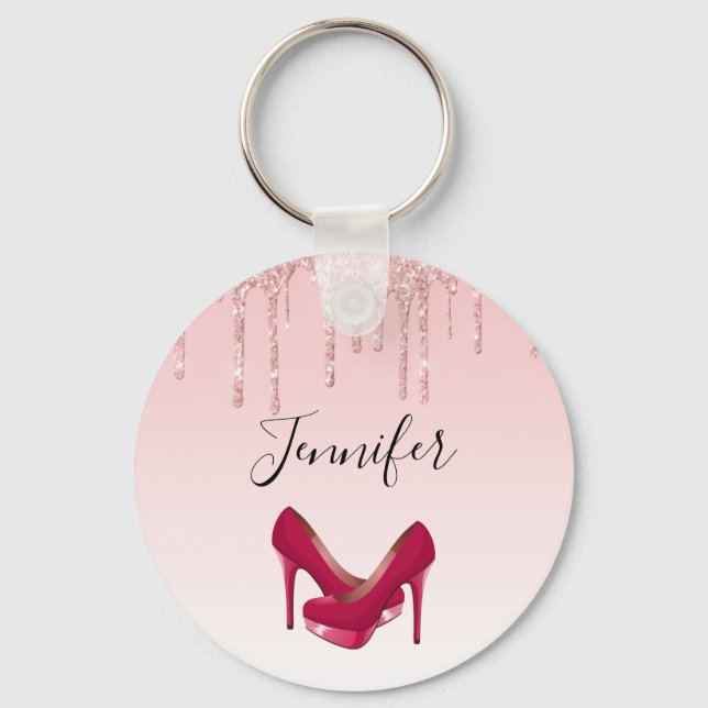 Modern Pink Glitter Drips & High Heels Keychain (Front)