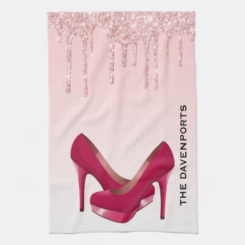 Modern Pink Glitter Drips  High Heels Kitchen Towel