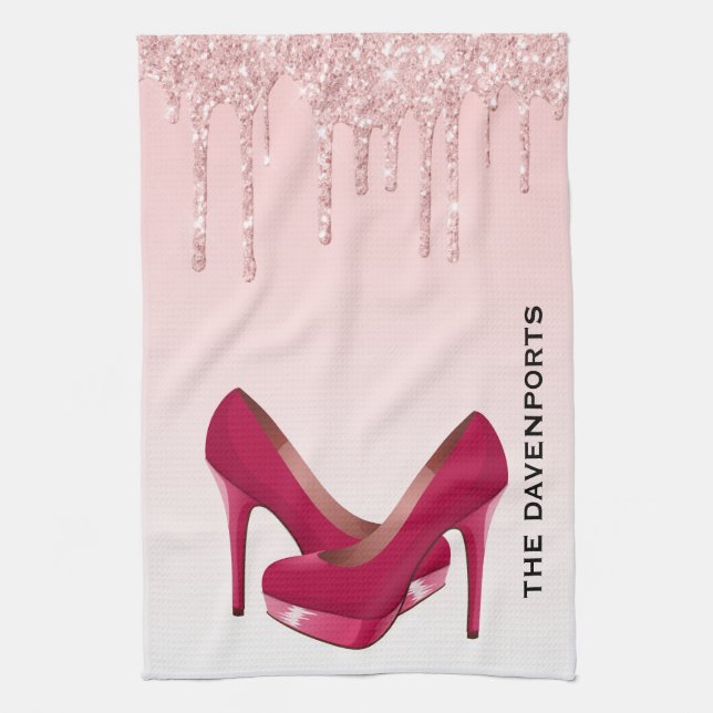 Modern Pink Glitter Drips & High Heels Kitchen Towel (Vertical)