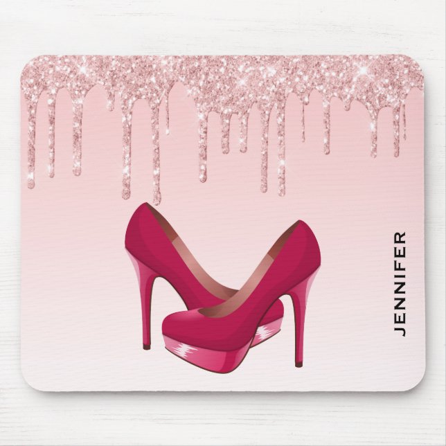 Modern Pink Glitter Drips & High Heels Mouse Pad (Front)