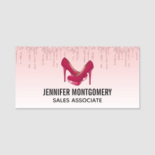 Modern Pink Glitter Drips & High Heels Name Tag