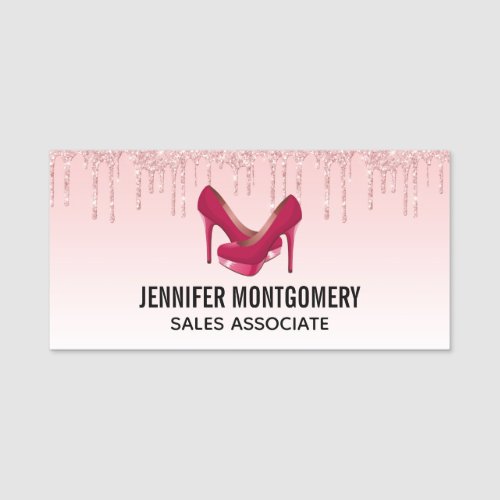 Modern Pink Glitter Drips  High Heels Name Tag