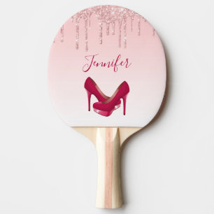Modern Pink Glitter Drips & High Heels Ping Pong Paddle