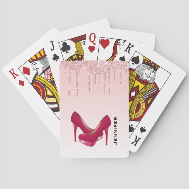 Modern Pink Glitter Drips & High Heels Poker Cards (Back)