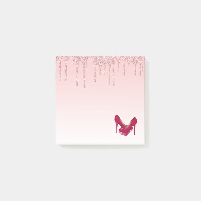 Modern Pink Glitter Drips & High Heels Post-it Notes (Front)