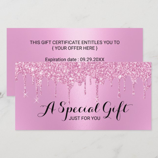 Modern Pink Glitter Drips Salon Gift Certificates (Front/Back)
