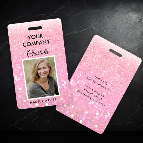 Modern Pink Glitter Employee Photo ID Badge