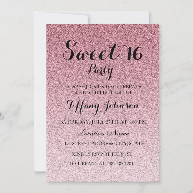 Modern Pink Glitter Faux Ombre Sweet 16 Invitation (Front)