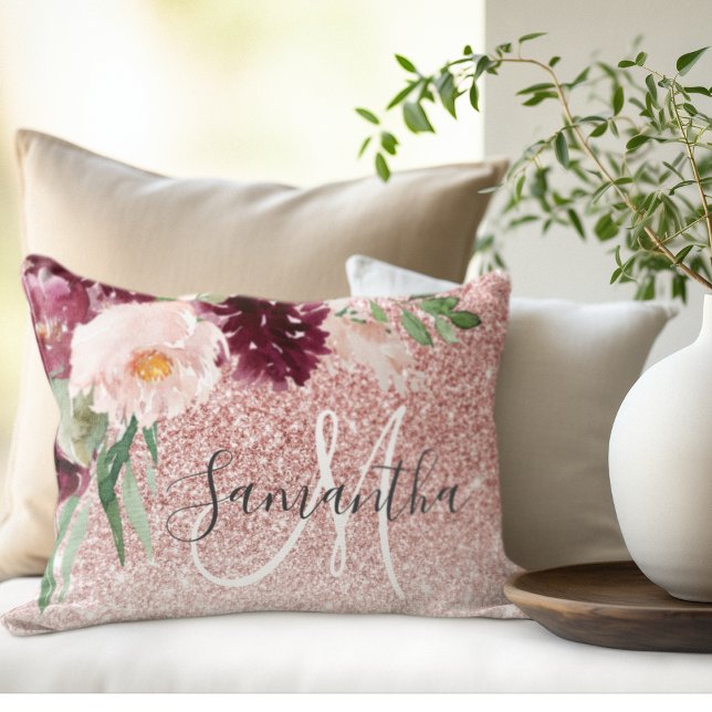Modern Pink Glitter & Flower Sparkle With Name  Accent Pillow (Creator Uploaded)