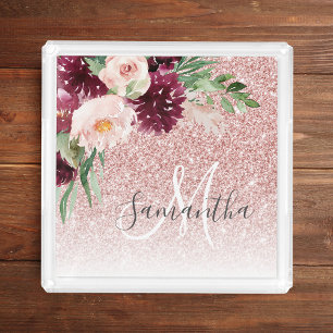 Modern Pink Glitter & Flower Sparkle With Name Acrylic Tray
