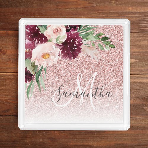 Modern Pink Glitter  Flower Sparkle With Name  Acrylic Tray