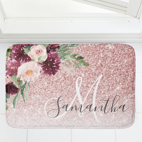 Modern Pink Glitter  Flower Sparkle With Name  Bath Mat