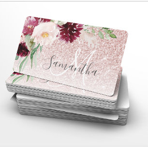 Modern Pink Glitter & Flower Sparkle With Name  Business Card