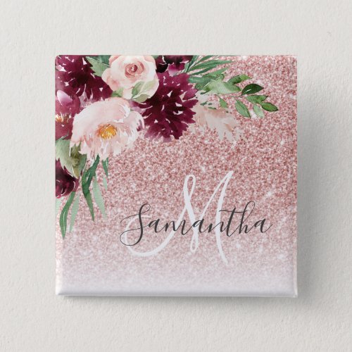Modern Pink Glitter  Flower Sparkle With Name  Button