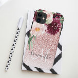 Modern Pink Glitter & Flower Sparkle With Name  iPhone 11 Case<br><div class="desc">Modern Pink Glitter & Flower Sparkle With Name</div>