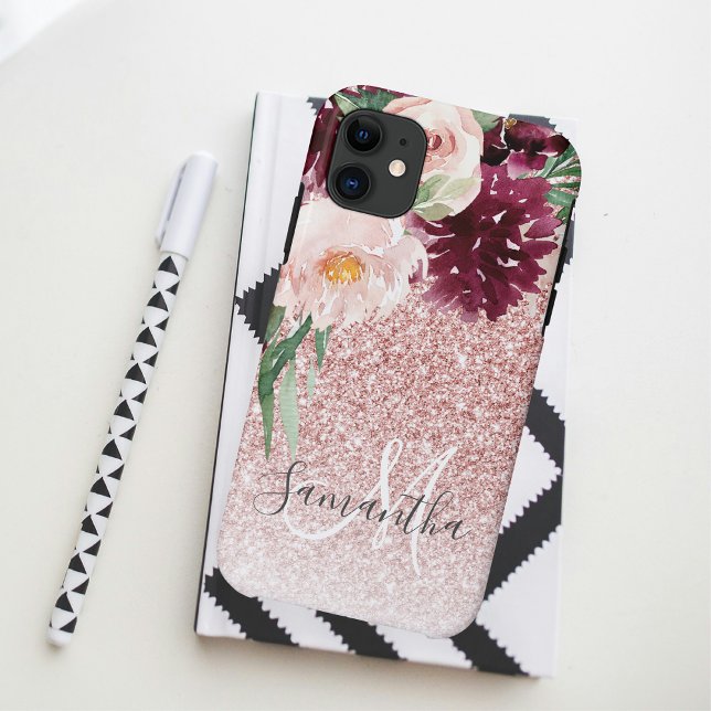 Modern Pink Glitter & Flower Sparkle With Name  Case-Mate iPhone Case (Creator Uploaded)