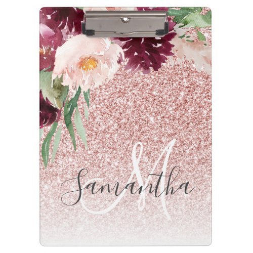 Modern Pink Glitter  Flower Sparkle With Name  Clipboard