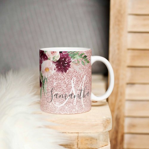 Modern Pink Glitter  Flower Sparkle With Name  Coffee Mug