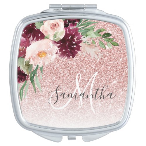 Modern Pink Glitter  Flower Sparkle With Name  Compact Mirror