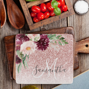 Modern Pink Glitter & Flower Sparkle With Name Cutting Board