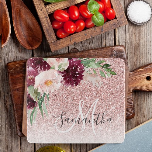 Modern Pink Glitter  Flower Sparkle With Name  Cutting Board