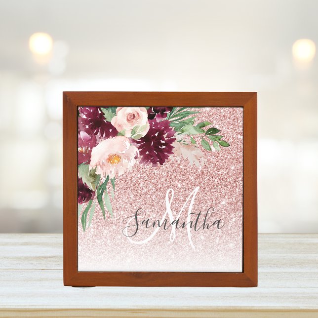 Modern Pink Glitter & Flower Sparkle With Name  Desk Organizer (Creator Uploaded)