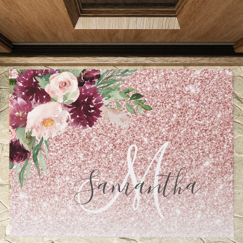 Modern Pink Glitter  Flower Sparkle With Name  Doormat