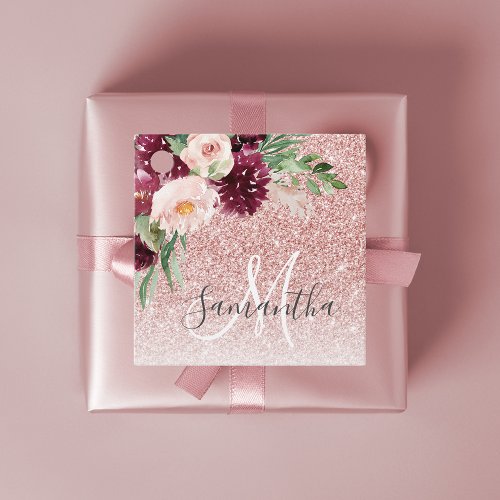 Modern Pink Glitter  Flower Sparkle With Name  Favor Tags