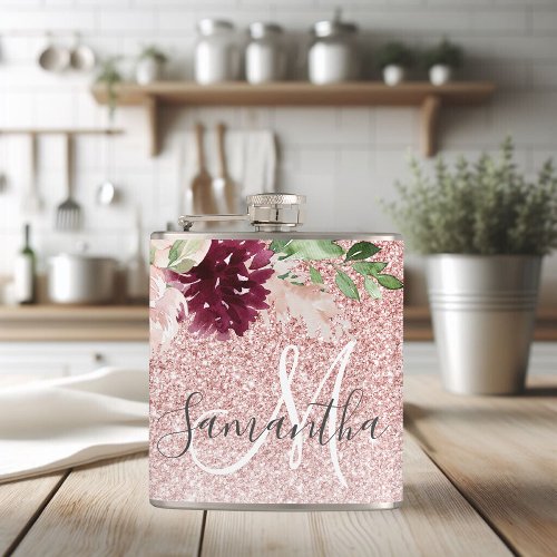 Modern Pink Glitter  Flower Sparkle With Name  Flask