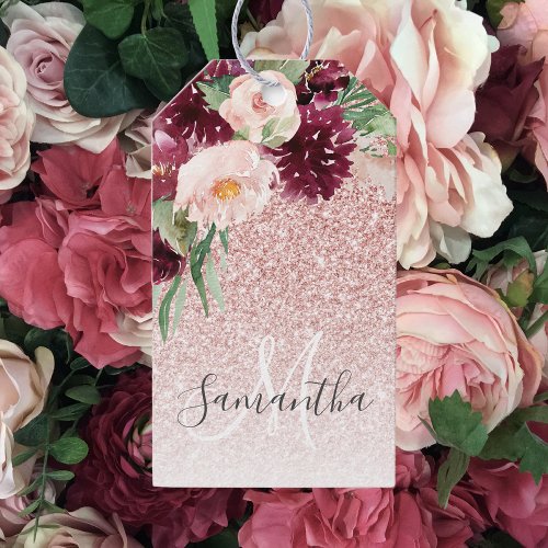 Modern Pink Glitter  Flower Sparkle With Name  Gift Tags