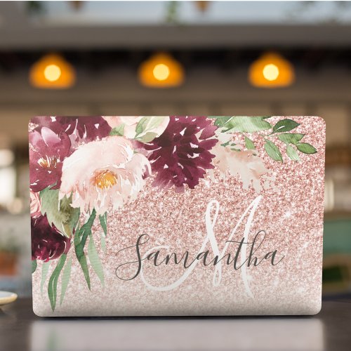Modern Pink Glitter  Flower Sparkle With Name  HP Laptop Skin