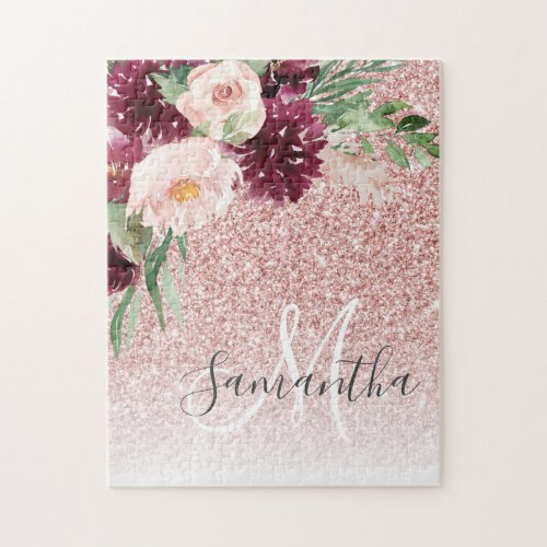 Modern Pink Glitter  Flower Sparkle With Name  Jigsaw Puzzle