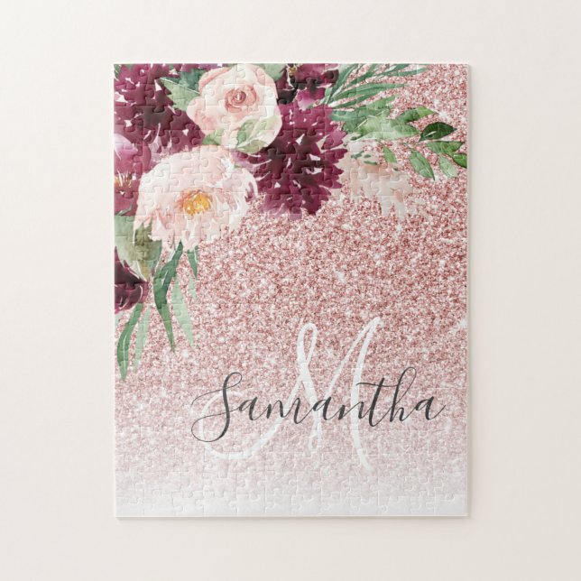 Modern Pink Glitter & Flower Sparkle With Name  Jigsaw Puzzle (Vertical)