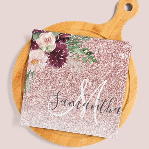 Modern Pink Glitter  Flower Sparkle With Name  Kitchen Towel