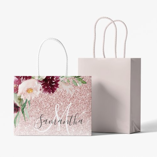Modern Pink Glitter  Flower Sparkle With Name  Large Gift Bag