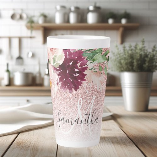 Modern Pink Glitter  Flower Sparkle With Name  Latte Mug