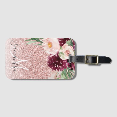 Modern Pink Glitter  Flower Sparkle With Name  Luggage Tag