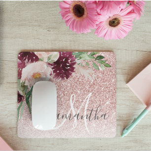 Modern Pink Glitter & Flower Sparkle With Name Mouse Pad