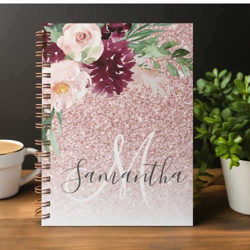 Modern Pink Glitter  Flower Sparkle With Name  Notebook