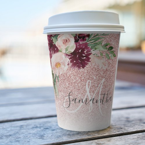 Modern Pink Glitter  Flower Sparkle With Name  Paper Cups