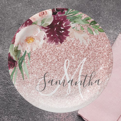 Modern Pink Glitter  Flower Sparkle With Name  Paper Plates
