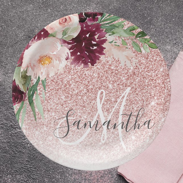 Modern Pink Glitter & Flower Sparkle With Name  Paper Plates (Creator Uploaded)