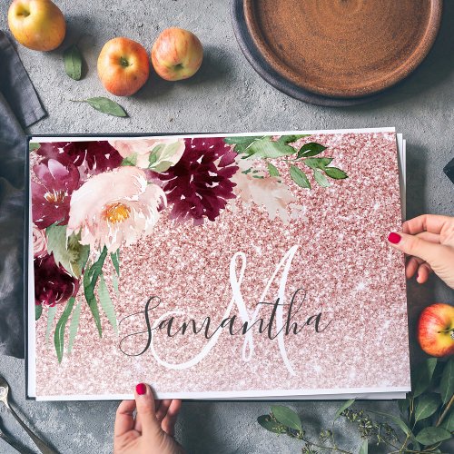 Modern Pink Glitter  Flower Sparkle With Name  Placemat